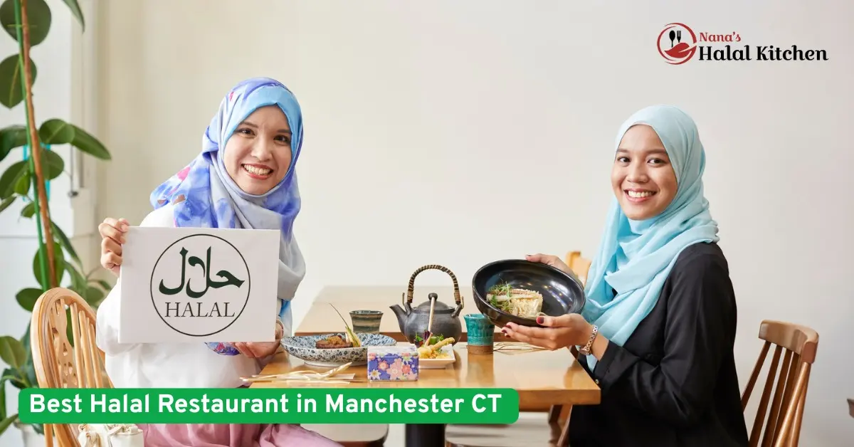 Two women in hijabs enjoying halal food at a restaurant,holding a halal sign,showcasing an authentic halal dining experience