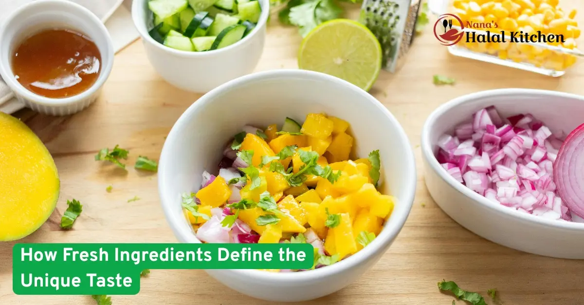 Freshly chopped mango,onions,cucumber,and lime in bowls on a wooden table showcasing Nana’s Halal Kitchen’s ingredients