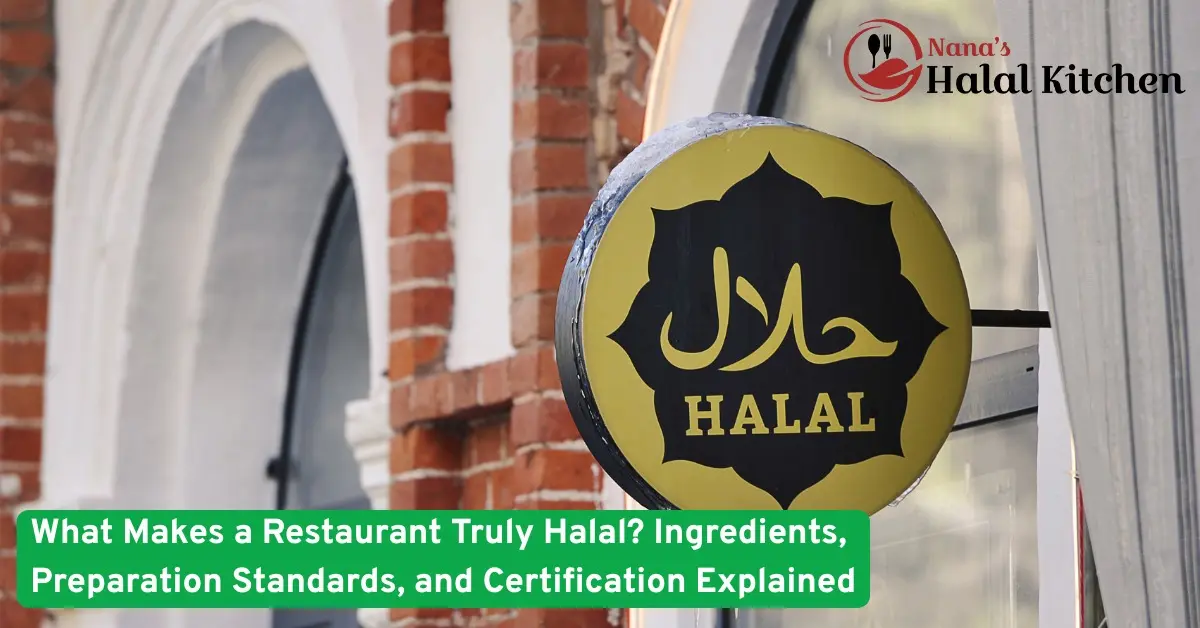 Halal restaurant sign on a brick building showing certified halal emblem, highlighting standards and clean preparation safely