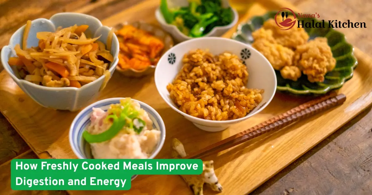 Freshly cooked meal served with rice, vegetables, and fried items, highlighting balanced homemade food that supports digestion and energy