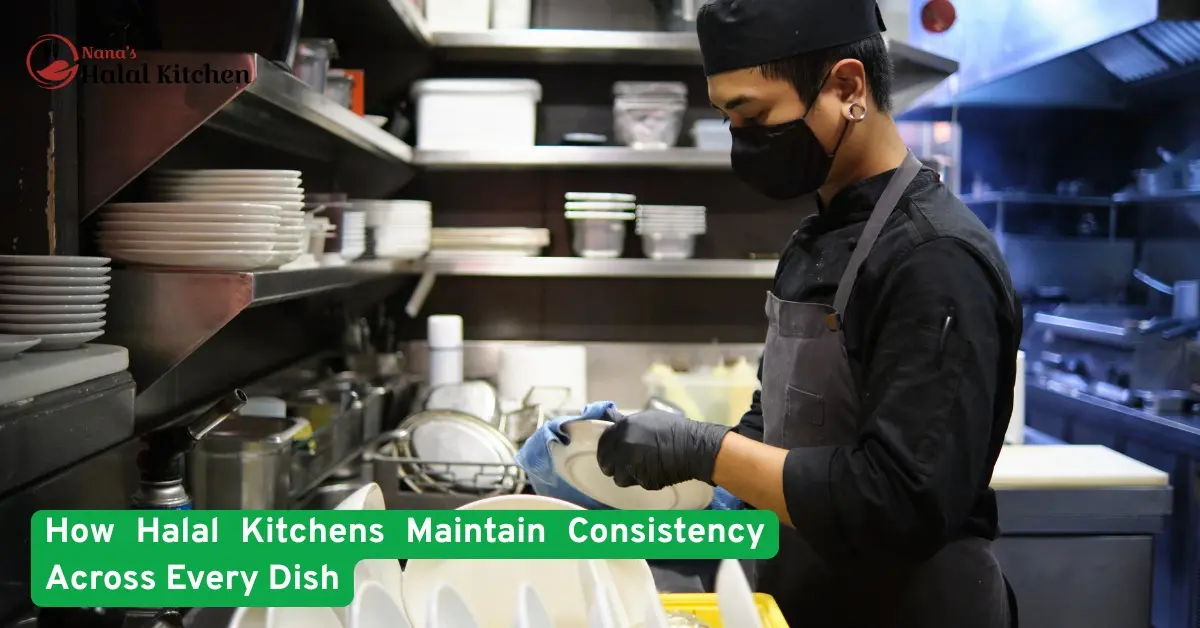 Halal kitchen chef preparing dishes in a professional kitchen showing strict hygiene standards workflow control and consistent halal food quality