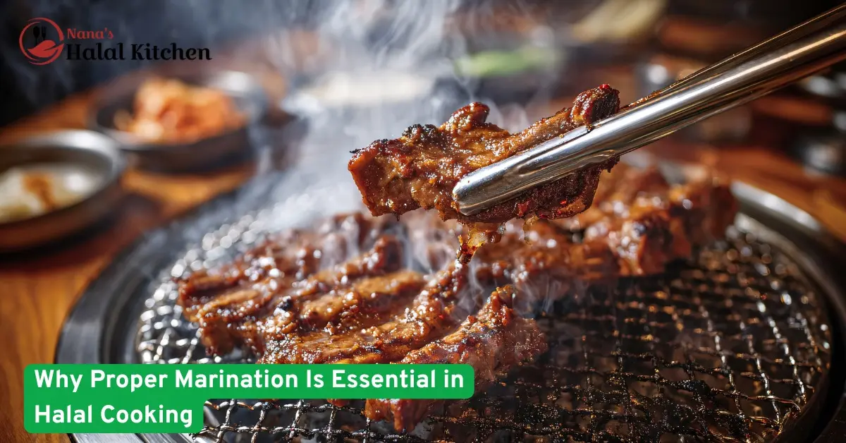 Properly marinated halal meat grilling over open flames showing rich spices smoke texture and juiciness essential for authentic flavor.